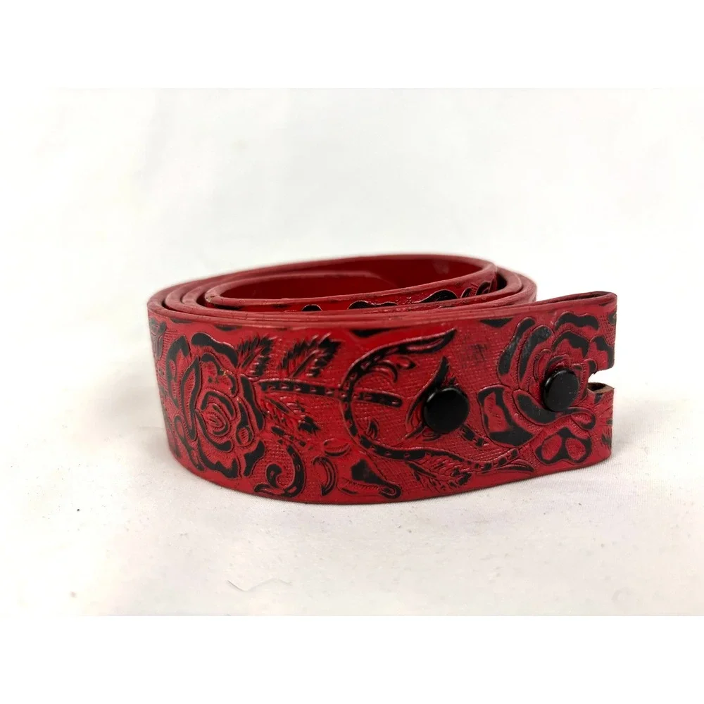 Red Floral Tooled Leather Belt Strap Only Black Rose Pattern M/L Women's Western